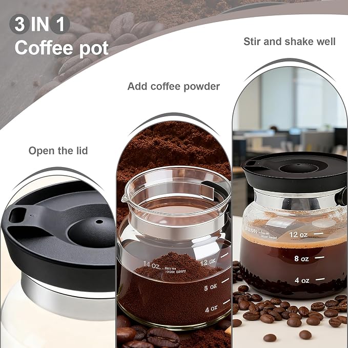 16 oz Clear Borosilicate Glass Coffee Pot Mug with Silicone Lid | Mini coffee pot design with cleaning brush for hot or cold drinks at home, in the office, or as a gift for coffee lovers - Image 2