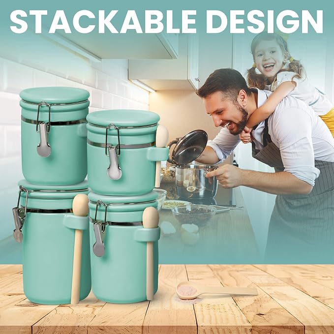 Home Intuition 4-Piece Ceramic Kitchen Canisters Set, Airtight Containers with Wooden Spoons Reusable Chalk Labels and Marker for Sugar, Coffee, Flour, Tea (Turquoise) - Image 7