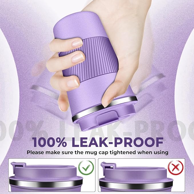 Insulated Coffee Tumbler 12 oz, Stainless Steel Coffee Mug with Lids, Travel Coffee Mug Leak Proof, Double Wall Vacuum Insulated Reusable Coffee Cup, Keep Drinks Hot and Cold (Lavender, 12 Ounces) - Image 3
