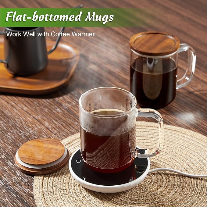 DRASTAR Glass Coffee Cups,12 oz Clear Coffee Mugs with Acacia Wood Lid,Flat Bottomed Coffee Mug with Handles,Tea Cup Set of 2 - Image 3