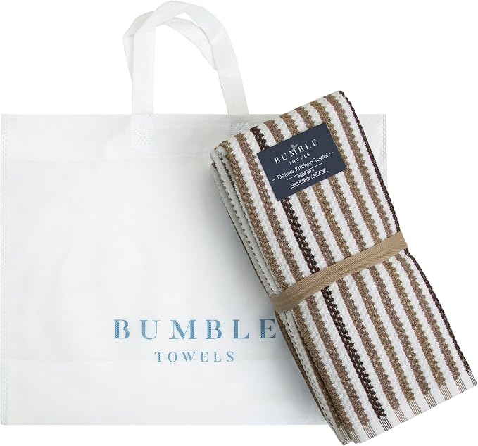 Bumble Kitchen Towels 6 Pack 100% Cotton 16"x26" - Tan Wide Stripe | 430 GSM Soft Kitchen Hand Towels with Hanging Loop, Highly Absorbent & Durable for Washing and Drying Dishes - Image 6