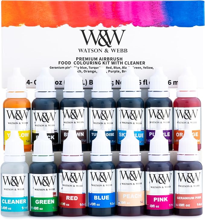 Watson & Webb Essentials Selection - Cake Airbrush Decorating Kit - Inc Professional 3 Speed Mains Powered Spray Gun, 13 Vibrant Colors & Tools - for Food, Cakes, Cookies & Baking