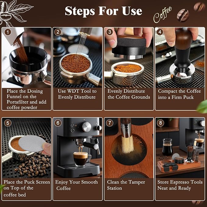 8 PCS Espresso Accessories Kit, 51mm Espresso Tamper Kit Coffee Tamper Set with Coffee Distributor, Espresso Tamping Station, WDT Tool, Dosing Funnel, Fits Delonghi 51mm Portafilter - Image 9