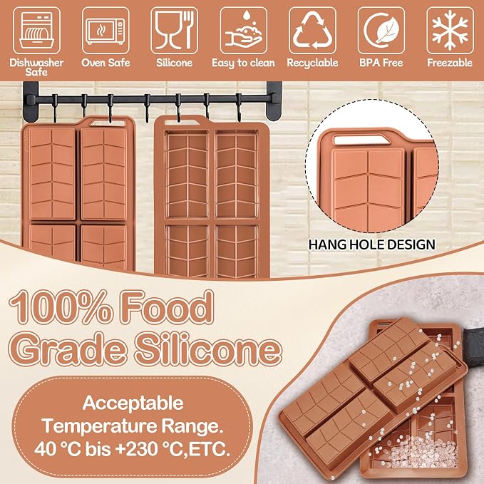 Deep Chocolate Bar Molds Silicone Non Stick 0.82inch,2 Pack Thick Dubai Shapes Chocolate Stuffed Bar Mold Kit for Filling Knafeh Candy with 100pcs Bags(Brown) - Image 5