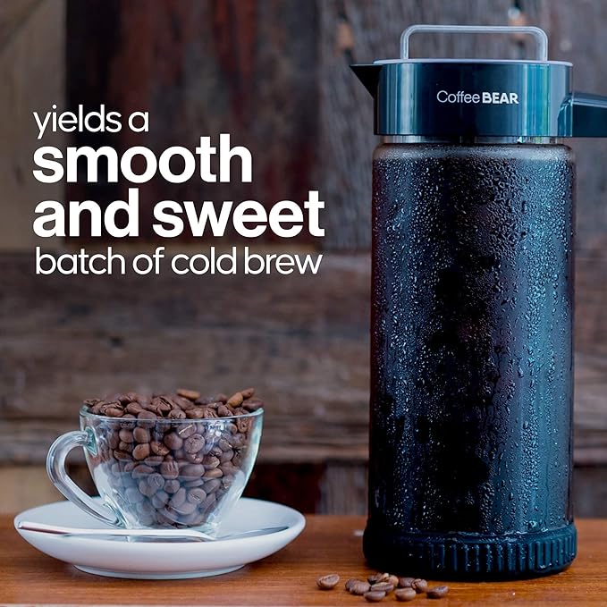COFFEE BEAR – Cold Brew Coffee Maker and Iced Tea Brewer, Large 1.3L (44oz) Borosilicate Glass Pitcher with Reusable Mesh Filter, Easy to Clean, Dishwasher Safe