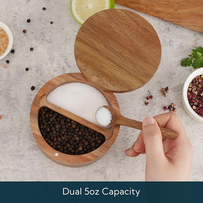 KITCHENDAO Acacia Wood Salt and Pepper Bowl Box, Built-in Spoon, Two Compartments Spice Seasoning Container, Sea Salt Cellar Holder, Magnetic Swivel Lid, Dual 5oz Capacity - Image 2