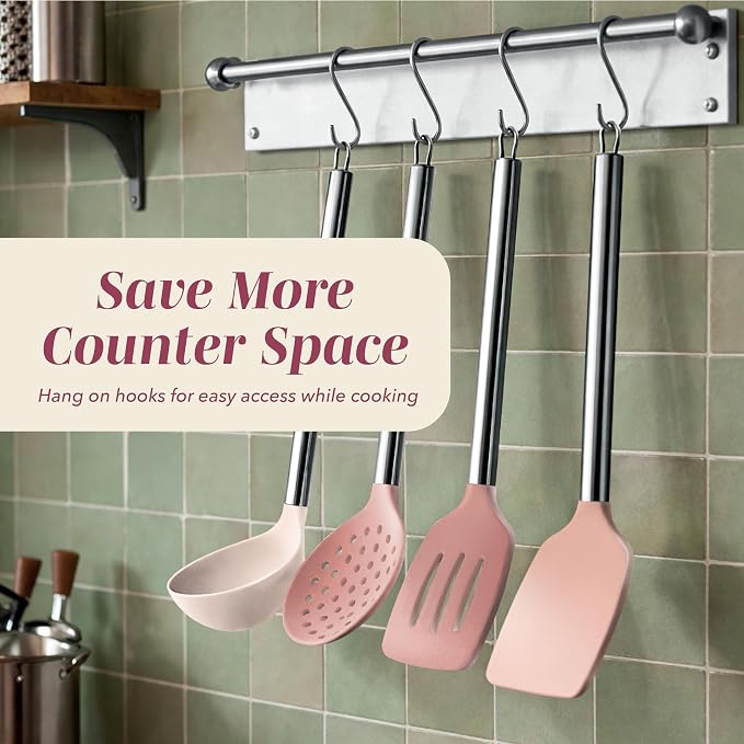 COOK WITH COLOR Silicone Cooking Utensils, Kitchen Utensil Set, Easy to Clean Silicone Kitchen Utensils, Cooking Utensils for Nonstick Cookware, Kitchen Gadgets Set, 10 Pieces, Rose - Image 4