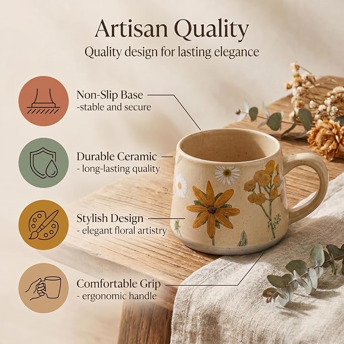 Ceramic Coffee Mug, 13oz Floral Design Pottery cute mugs, Ideal Gift for Women unique vintage pretty coffee mugs (Graceful Bloom) - Image 4