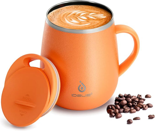 Ideus 16 oz Insulated Coffee Mug with Handle and Lid, Double Wall Stainless Steel Vacuum Thermal Coffee Mug, Travel Coffee Cup Thermal Cup for Home and Office, Orange Tiger by IDEUS