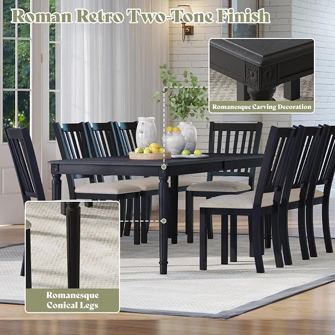 AMERLIFE 9 Piece Farmhouse Dining Table Set with 79" Rubberwood Table, Grey | Solid Rubberwood Frame, 8 Upholstered Chairs, Roman Conical Legs, Seating for 8 - Image 5