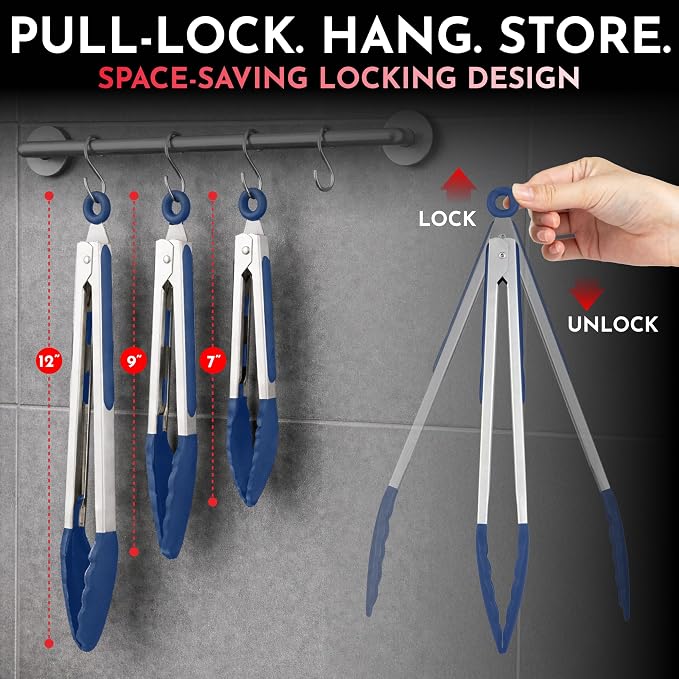 Kitchen Tongs - 12, 9 & 7 Inch Locking Silicone Tongs for Cooking, Set of 3 | Blue Tongs with Silicone Tips, Heat Resistant Tongs for Grilling, Serving, Mixing - Image 2