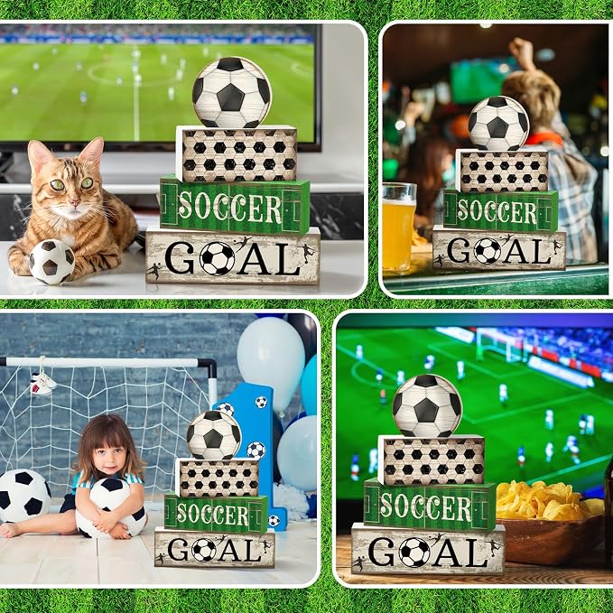 Moucuny 4 Pcs Soccer Party Decorations Soccer Table Centerpiece Football Tiered Tray Decor Wooden Ball Block Signs Gift Sports Themed Table Decorations for Boys Baby Shower Party Supplies Decor - Image 6