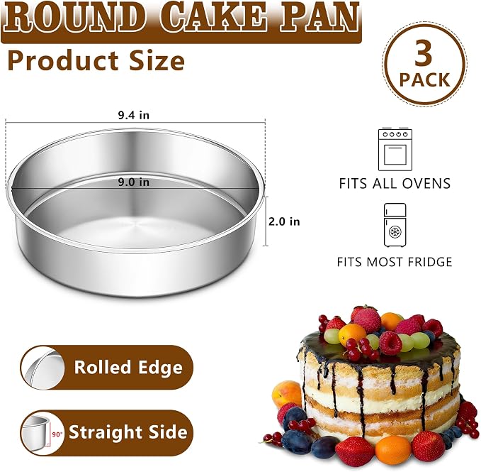 LIANYU 9 Inch Round Cake Pan Set of 3, Stainless Steel Layer Deep Cake Pan | Metal Baking Tins Mold, Perfect for Brownie Lasagna, Dishwasher & Oven Safe, Non-stick, Mirror Polish - Image 2