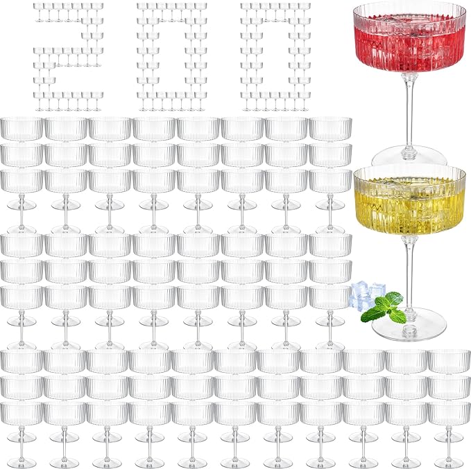 Jingmore 200 Pcs Ribbed Martini Glasses 10 oz Disposable Plastic Vintage Ribbed Coupe Glasses Unbreakable Dessert Parfait Glassware for Wedding Birthday Party Supplies (Clear) by Jingmore