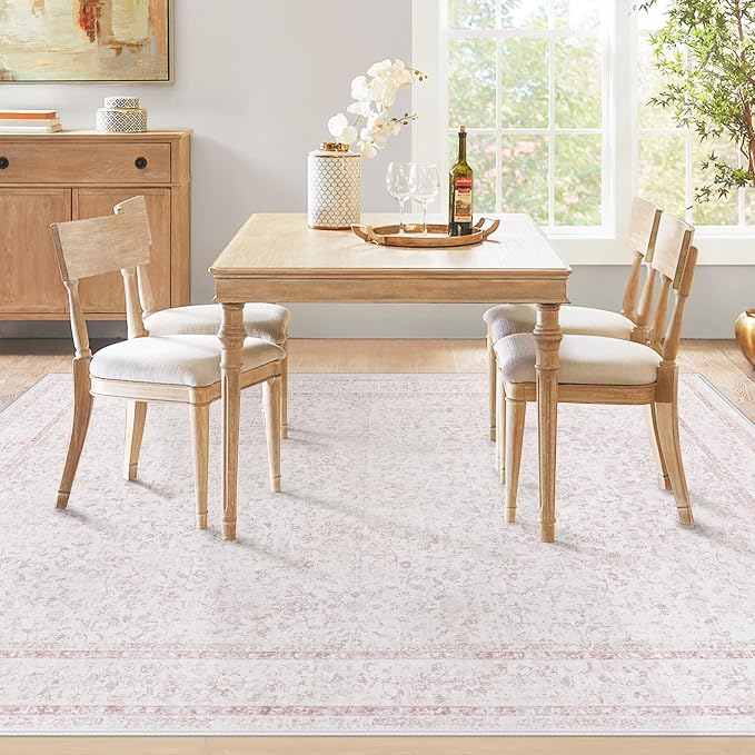 6x9 Area Rugs for Living Room: Washable Vintage Floral Rug Low Pile Non-Slip Boho Carpet for Nursery Bedroom Dining Room (Pink, 6'x9') - Image 5