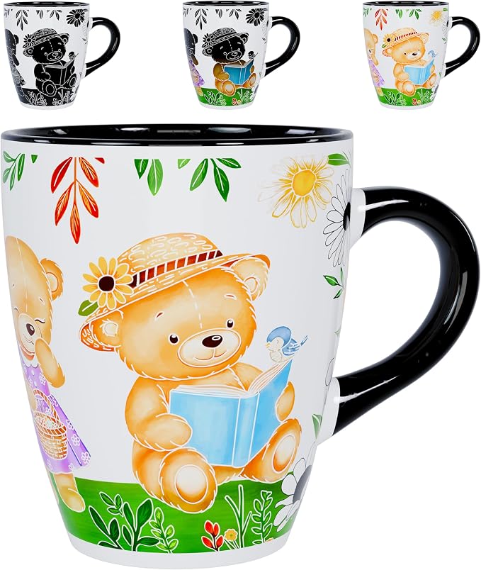 Color Changing Teddy Bear Coffee Mug 12oz – Ceramic Heat Sensitive Cup for Coffee, Tea, Hot Cocoa & Milk – Magical Bear Mug with Floral Reveal – Gift for Women, Mom, Grandma, Kids at Heart by Dream8Design