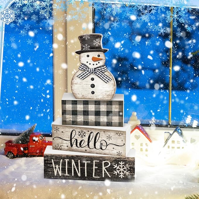 Moucuny 4 Pcs Snowman Christmas Decor Winter Table Decorations Christmas Tiered Tray Decor Winter Centerpiece Decorations Indoor Rustic Wooden Snowman Block Sign Gift Farmhouse for Home Kitchen Shelf - Image 5