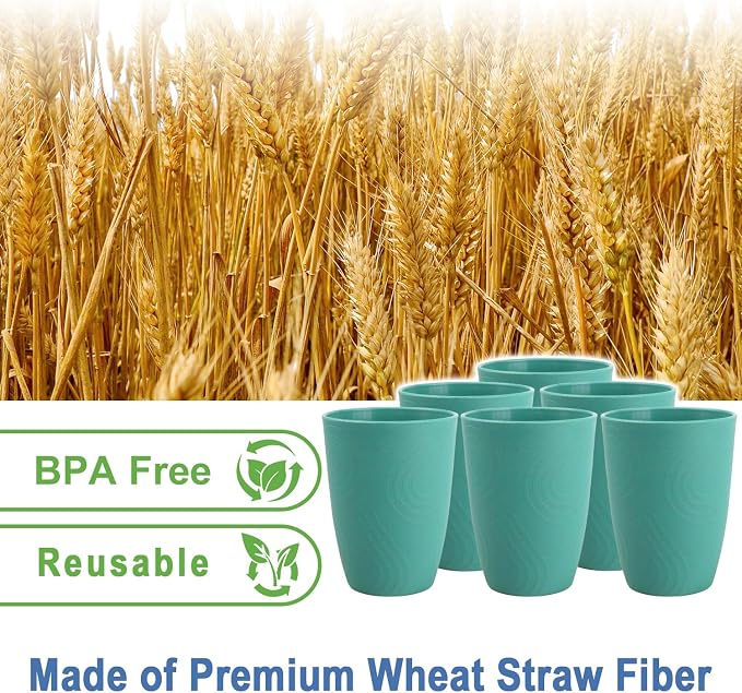 12oz Kitchen Cups - Wheat Straw Cups Set 6, Unbreakable & Lightweight Plastic Cups for Kids, Microwave & Dishwasher Safe Water Tumbler for Picnics, Camping, RV, Plastic Drinking Cups - Green - Image 3
