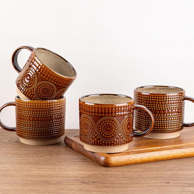 GBhome 16OZ Stackable Coffee Mugs, Ceramic Coffee Mugs with Texture Patterns for Man,Woman,Dad,Mom, Modern Coffee Mugs Set of 4 for Latte/Cappuccino/Cocoa. Dishwasher&Microwave Safe by GBhome