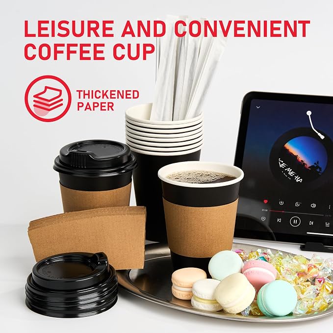 12 oz Paper Coffee Cups with Lids 100 Pack, Black Disposable Hot Coffee Cups with Lids, Sleeves and Stirring Sticks, To Go Cups, for Parties, Picnic, Travel, and Events - Image 7