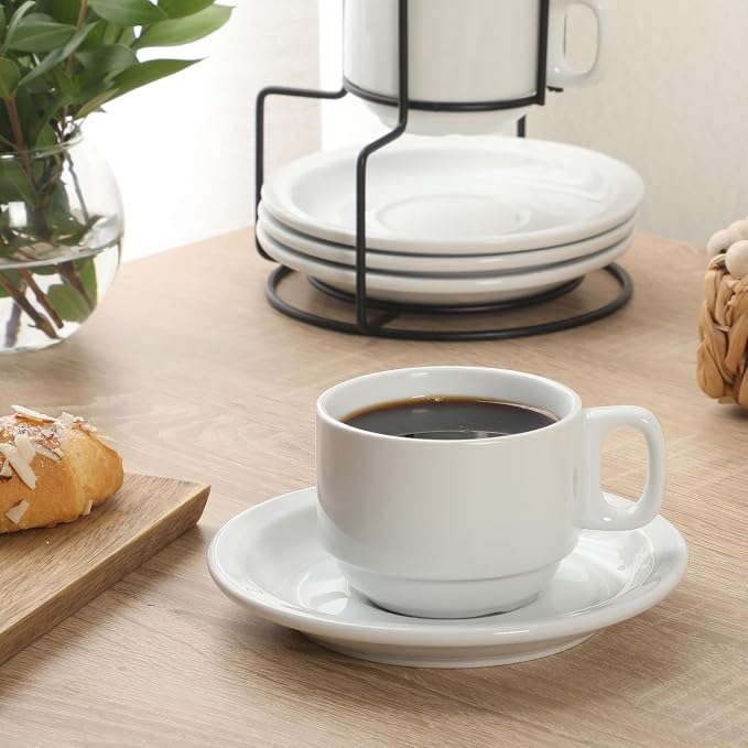 Gibson Home Gracious Dining 7-Ounce Cappuccino Cups Set of 4, Stackable Coffee Cups with 4 Saucers, Metal Stand, Coffee Mugs for Latte, Café, Mocha, Tea - Image 3