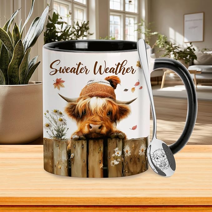 Hyturtle Fall Highland Cow Mug with Spoon Gifts for Cow Lovers on Birthday | Autumn Decor Gifts For Farmhouse Thanksgiving, Premium 11oz ceramic mug, Vivid double-sided cow print, Comfort grip handle - Image 2