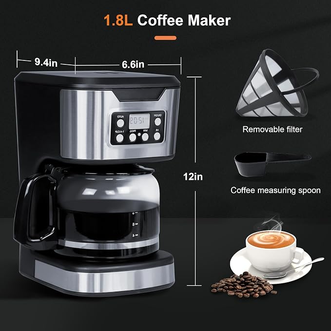 12 Cup Programmable Drip Coffee Maker, Fully Automatic Brewer | Features 1-4 Cup Select Setting, Programmable Timing, Automatic Drip Coffee Machine for Home & Kitchen Use， Stainless Steel - Image 3