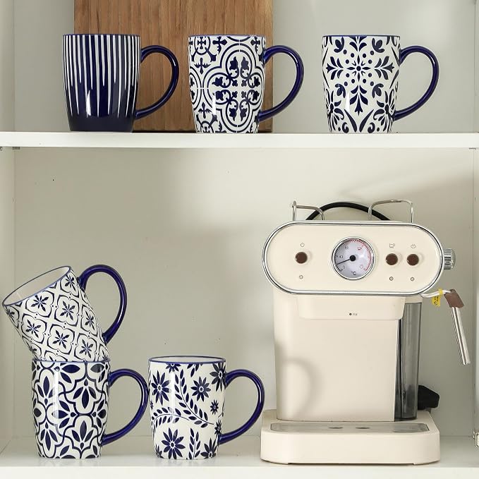 HASENSE Coffee Mugs Set of 6, 16OZ Ceramic Coffee Mugs with Blue and White Floral Patterns, Elegant Large Coffee Cups for Coffee, Tea, Latte & Cappuccino, Microwave & Dishwasher Safe, Vintage Blue - Image 5