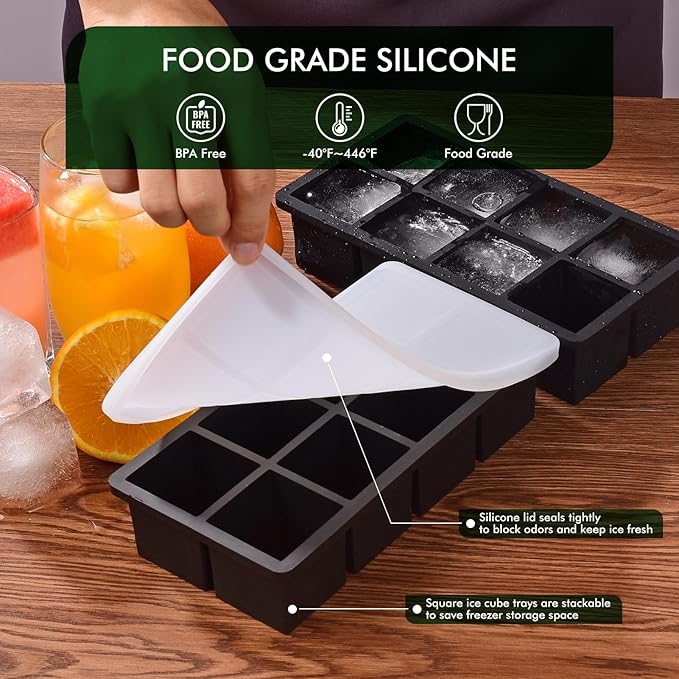 Ice Cube Tray, SLGOL Ice Trays for Freezer with Lid, Easy Release large Ice Cube Molds, Silicone ice cubes mold for Whiskey, Stackable Square Ice Tray for Cocktails Whiskey Juice Coffee【8 square】