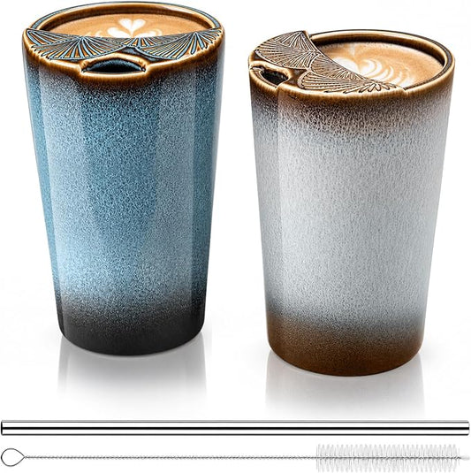 2 Pack Ceramic Coffee Mug with Sip Hole, Retro Espresso Cup 13 oz with 2 Straws and 2 Cleaning Brushes Ceramic Iced Coffee Tea Travel Mug Latte Cup for Kitchen Dining by Ferrochef