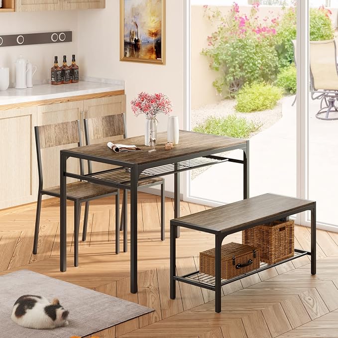 Gizoon 4-Piece Dining Table Set for 4, Kitchen Table with Bench Grey | Space-saving grey 4-piece dinette set with metal storage rack. Includes 2 ergonomic chairs and 1 bench. Easy to clean. - Image 6