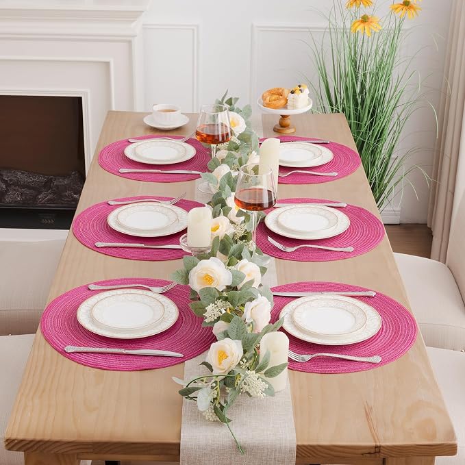 SHACOS Round Placemats Set of 8 Braided Cotton Polyester Table Placemat 15 inch Circle Place Mats for Kitchen Dining Table Holiday Party (Hot Pink, 8) - Image 9