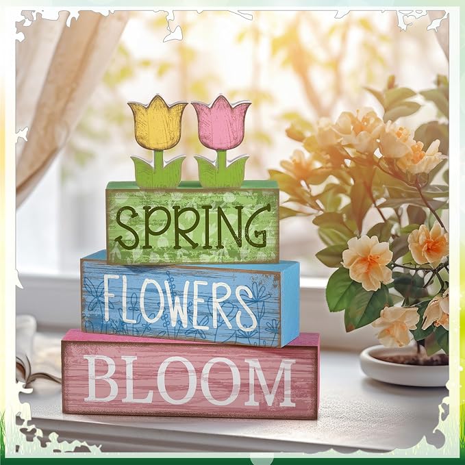 Moucuny 4 Pcs Spring Table Decor Wooden Tulip Spring Tiered Tray Decor Flowers Table Centerpiece Decorative Colorful Tulip Block Signs Gift Farmhouse Flowers Decoration for Home Kitchen Shelf - Image 4