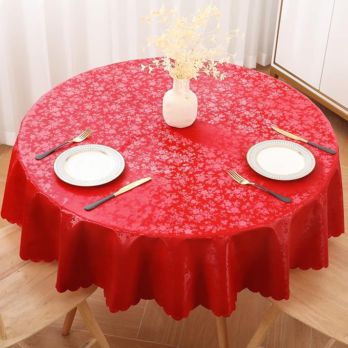 Smiry Round Waterproof Heavy Duty Vinyl Tablecloths, 70 x 70 Inch | Wipeable Washable Floral Embossed Table Cover for Kitchen and Dining Room, Indoor & Outdoor Use, Red - Image 2