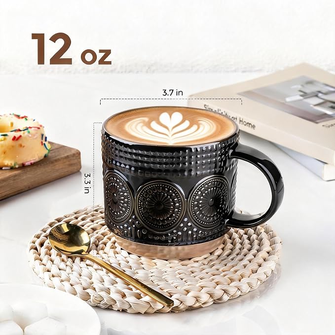 GBhome 12OZ Stackable Coffee Mugs, Ceramic Coffee Mugs with Texture Patterns for Man,Woman,Dad,Mom, Modern Coffee Mugs Set of 4 for Latte/Cappuccino/Cocoa. Dishwasher&Microwave Safe - Image 2