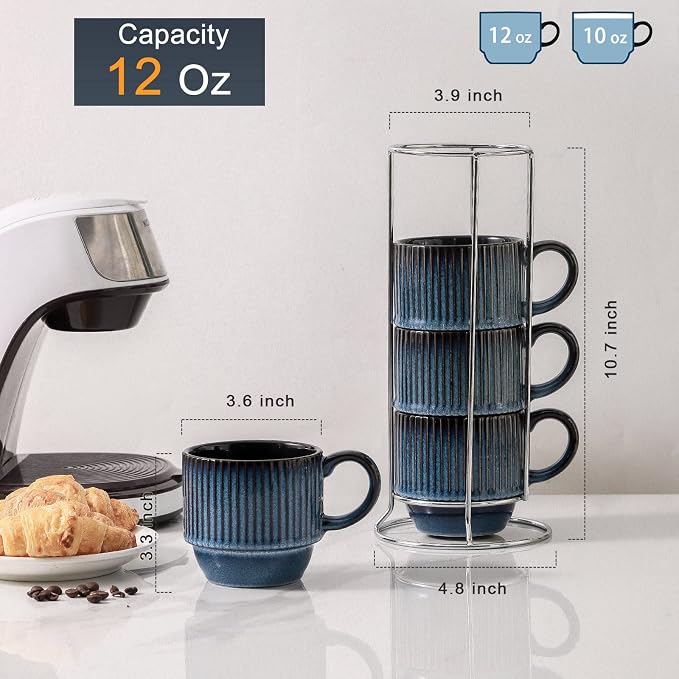 Hasense Navy Coffee Mugs Porcelain Set of 4 with Rack - 12 oz Stackable Coffee Cups Ceramic, Modern Ribbed Latte Cup Sets for Cappuccino, Tea, Espresso, Hot Cocoa, Drinks - Dishwasher & Microwave Safe - Image 3