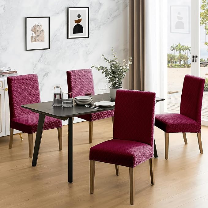 MOSAYT 100% Waterproof Dining Room Chair Covers Set of 6, Super Fit Stretch Jacquard Parson Chairs Slipcovers Removable Washable Chair Seat Protectors for Home, Kitchen, Banquet (Burgundy - XL) - Image 2