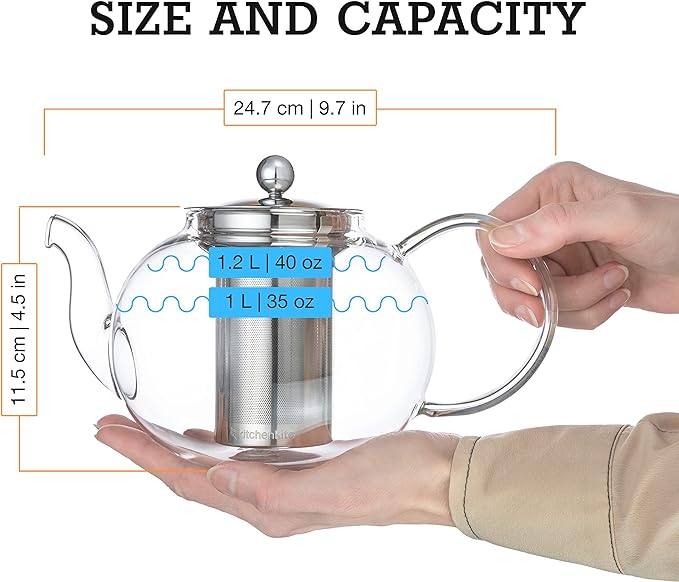 Glass Teapot Set with 4 Double Wall Teacups & Removable Stainless Steel Infuser - Microwave Dishwasher Safe Clear Blooming Loose Leaf Teas, Tea Maker Gift