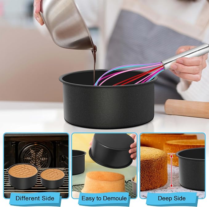 E-far Deep Cake Pan Set of 3 (6/8/9½ Inch), Nonstick Stainless Steel Round Cake Pans Tins for Baking Layer Wedding Cakes, Stainless Steel Core & Nontoxic Coating, Deep & Straight Side - Image 2