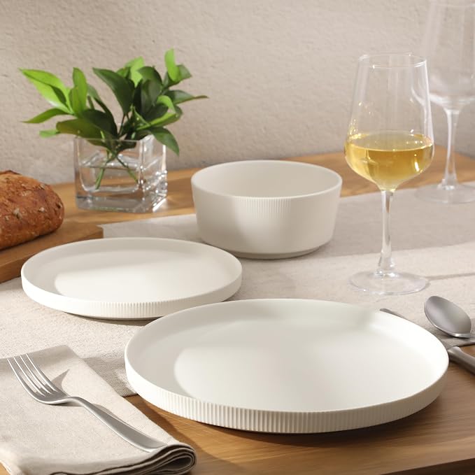 Gibson Home Dempsey Road 12-Piece Stoneware Dinnerware Set – Service for 4, Round White Plates and Bowls, Durable Solid Color Modern Embossed Dish Set, Microwave & Dishwasher Safe - Image 7