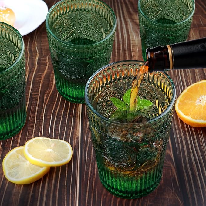 Loivttvv 6pcs Vintage Drinking Glasses Set, 12 oz Dark Green Highball Glasses, Embossed Ribbed Glassware Cups for Cocktail, Water, Juice, Coffee, Whiskey - Image 3