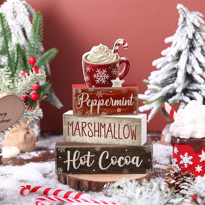 Moucuny 4 Pcs Christmas Table Decor Wooden Hot Cocoa Decoration Christmas Centerpiece Winter Tiered Tray Decor Decorative Red Hot Cocoa Block Signs Farmhouse Xmas Decoration for Home - Image 2