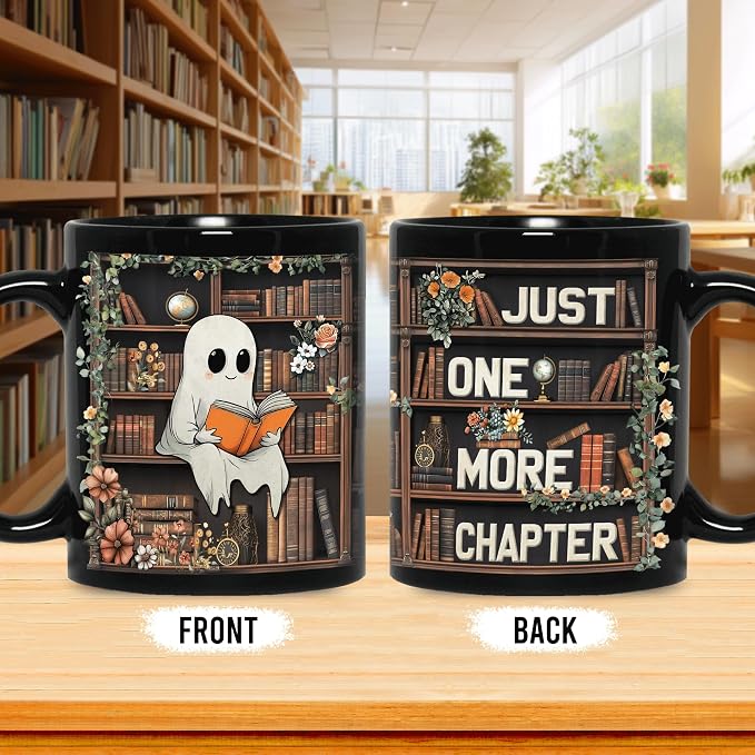 Hyturtle Cute Ghost Reading Mug Gifts on Birthday Halloween for Book Lovers | Just One More Chapter, Funny Book 11oz Ceramic Mug For Readers, Bookish Gifts, Vivid double-sided print, Comfort grip handle - Image 2