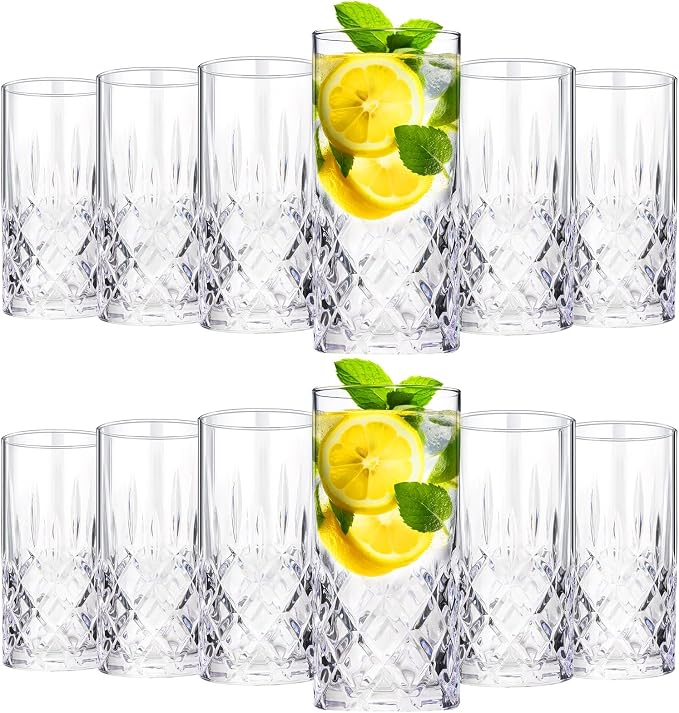 Uiifan Set of 12 Tall Highball Glasses 12 oz Crystal Drinking Glasses Clear Fancy Cups Vintage Textured Designer Glassware for Cocktail Tea Water Beer Soda Beverages, Dishwasher Safe (Classic Style) by Uiifan