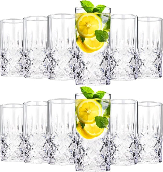 Uiifan Set of 12 Tall Highball Glasses 12 oz Crystal Drinking Glasses Clear Fancy Cups Vintage Textured Designer Glassware for Cocktail Tea Water Beer Soda Beverages, Dishwasher Safe (Classic Style) by Uiifan