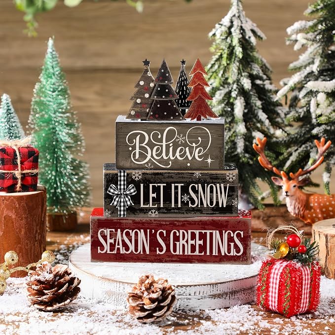 Moucuny 4 Pcs Christmas Table Decor Christmas Tree Centerpiece Rustic Decorative Tree Block Signs Gift Winter Tiered Tray Decor Farmhouse Winter Tabletop Decoration for Home Xmas Party Kitchen Shelf - Image 3