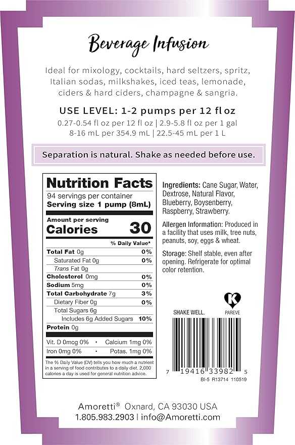 Amoretti - Wild Berry Infusion Drink Mix & Water Enhancer with Pump for Flavoring Cocktails, Waters, Tea, and other Beverages, 94 Servings Per Bottle (750 ml), Preservative Free
