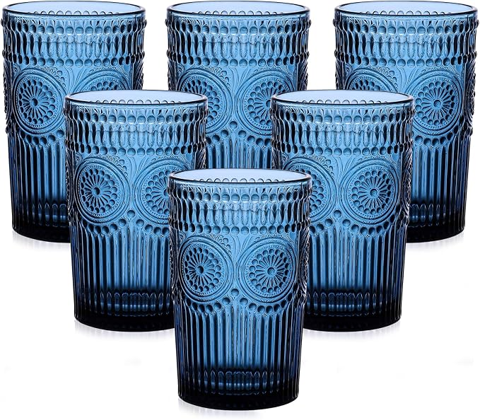 ZMOWIPDL Drinking Glasses Set of 6,13oz Flower Design Blue Glass Cups | Vintage Glassware,Textured Tumblers,Embossed Striped Drinkware for Water,Cocktails,Juice,Iced Coffee by ZMOWIPDL