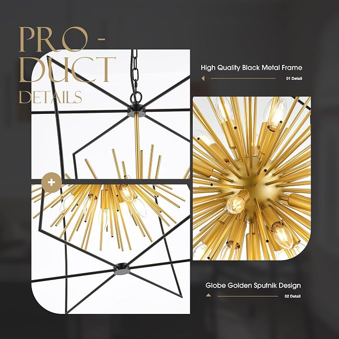 Modern 31.5" Black Gold Sputnik Chandelier for Dining Room Industrial Retro Geometric 16-Light Large Ceiling Pendant Light Fixture for Kitchen Bedroom Living Room Hallway Entryway Foyer - Image 8
