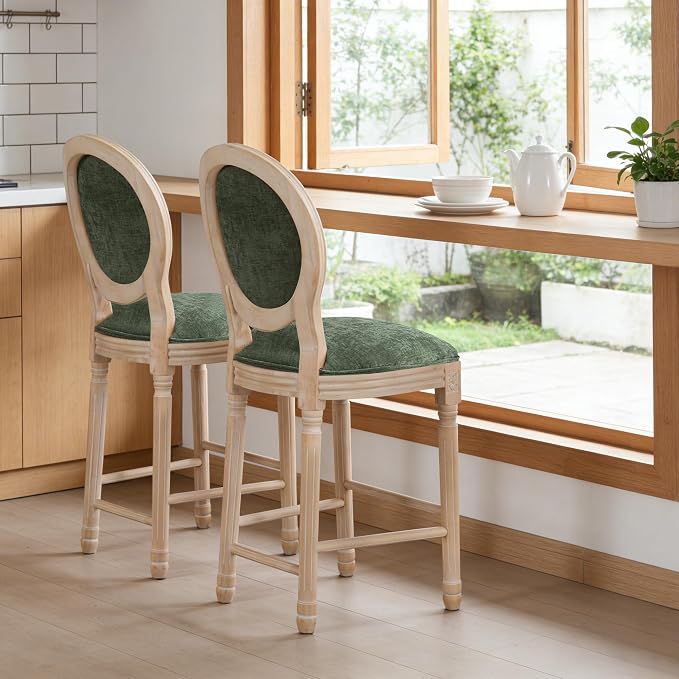 French Country Barstool, Linen Farmhouse Counter Height Chair | Set of 2, with Cushion Round Back and Solid Wood Legs, Oval Chairs for Restaurant, Bar, Kitchen, Café, Green - Image 2